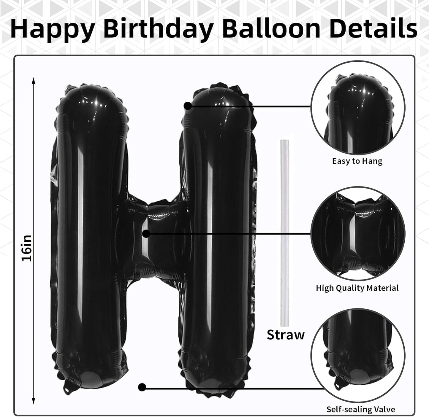 16 Inch Happy Birthday Banner Balloon - Black Letters Foil Balloons With Ribbon, Self Inflating Letter Balloon Bunting for Men Women Birthday Party Decorations Supplies