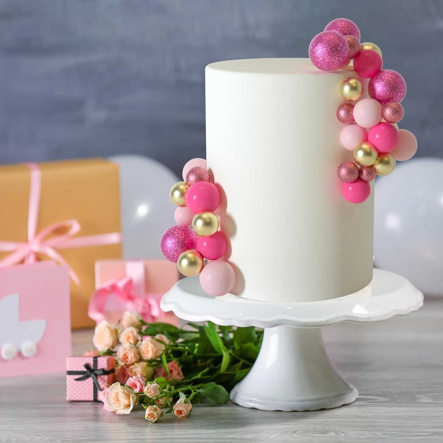 ASTARON 50 Pcs Ball Cake Topper Sticks Mini Balloons for Cake Decorating Supplies Foam Balls Cake decorations for Baby Shower Cake Birthday Cake Toppers Decorations (Pink Series)