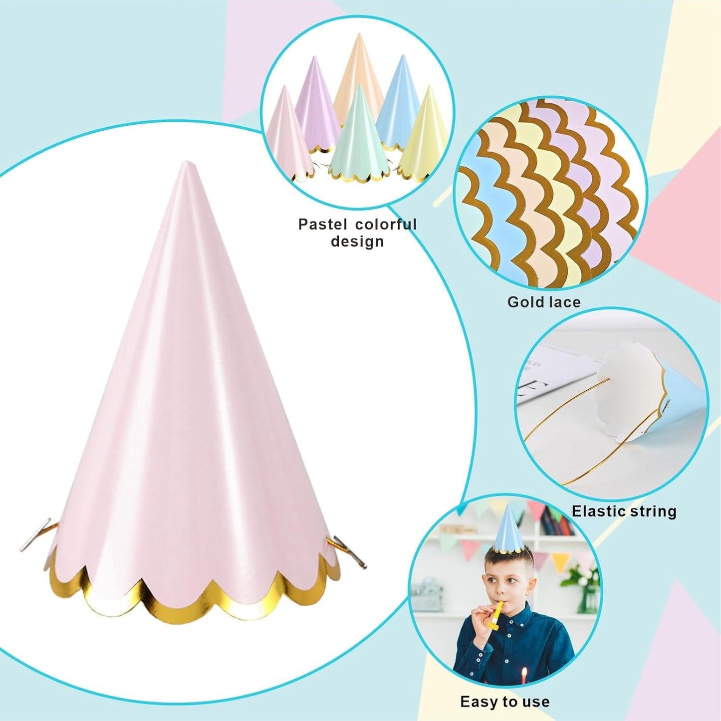 24 Pcs Pastel Birthday Party Hats with 24 Colorful Noise Makers Party Headwear for Birthday for Party Decorations Bridal Shower Supplies