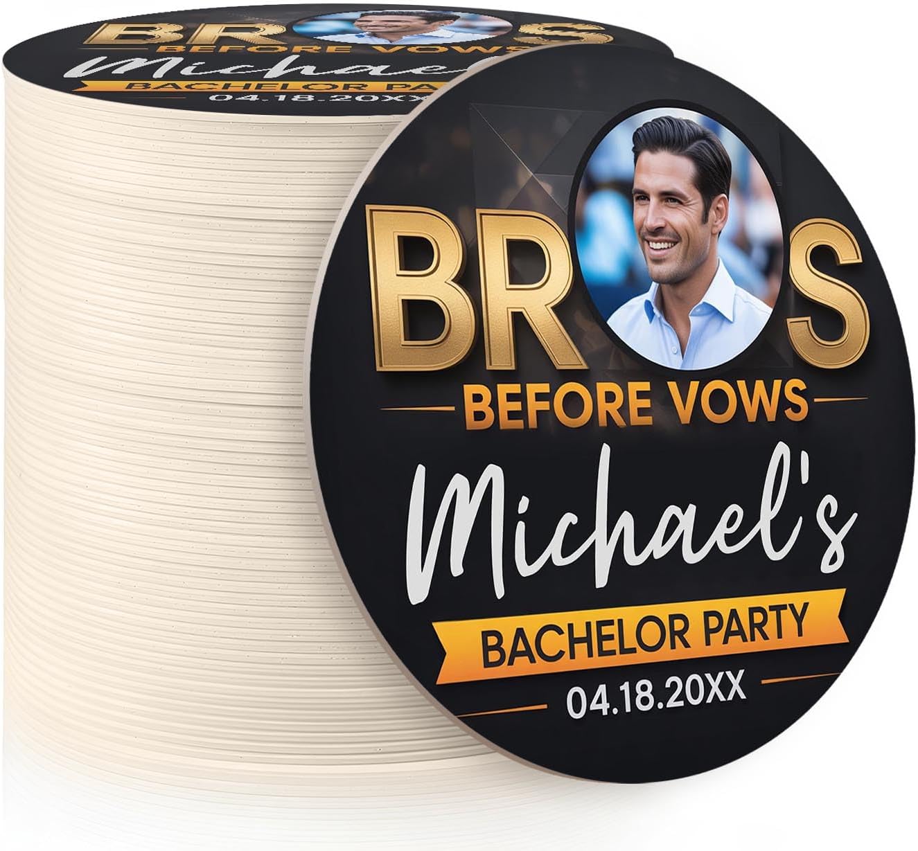 60 Pack Personalized Bachelor Party Coasters, Custom Cardboard Drink Coasters with Photo Print and Text, Fun Bachelor Party Favors and Gifts, 3.95" Round, Design 1