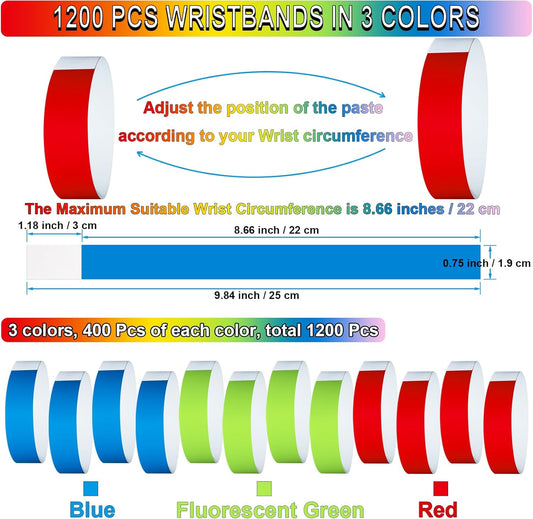 1200 Pcs Plastic Paper Wristbands for Events Neon Color Wrist Bands Concert Identification Wristbands Paper Bracelets Wristbands Party Hand Bands (Red, Fluorescent Green, Blue)