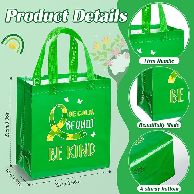 HunnmingRe 30 Pcs Mental Health Awareness Gifts Bags with Handles Green Party Favor Bag Bulk Mental Health Awareness Item Reusable Non Woven Handbags for Public Charity Event Party Supplies, 6 Style