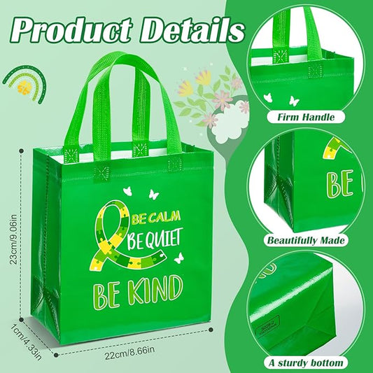 HunnmingRe 30 Pcs Mental Health Awareness Gifts Bags with Handles Green Party Favor Bag Bulk Mental Health Awareness Item Reusable Non Woven Handbags for Public Charity Event Party Supplies, 6 Style