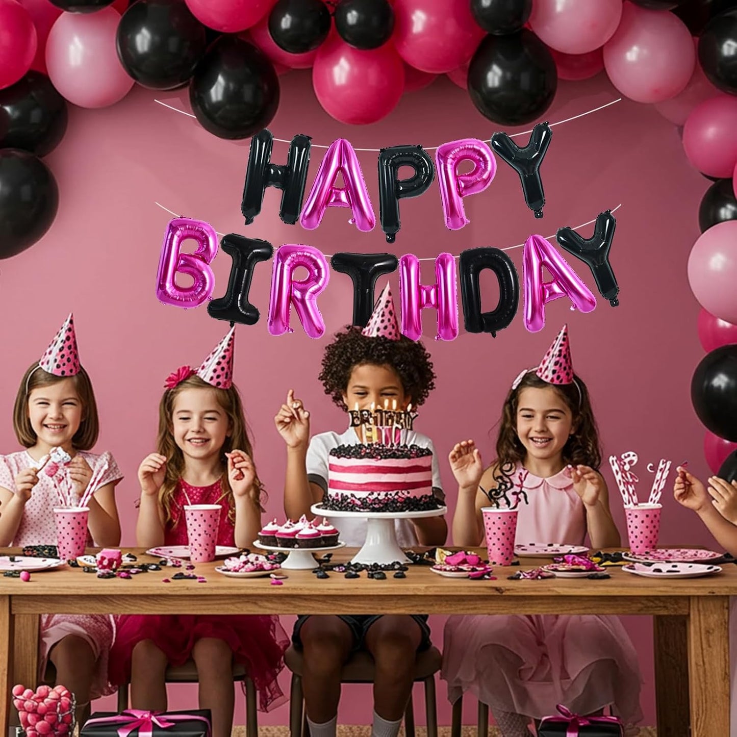 TONIFUL Happy Birthday Balloons Banner 16 Inch Mylar Foil Letters Birthday Sign Reusable for Girls Boys Kids & Adults Birthday Party Decorations Supplies（Black Pink）