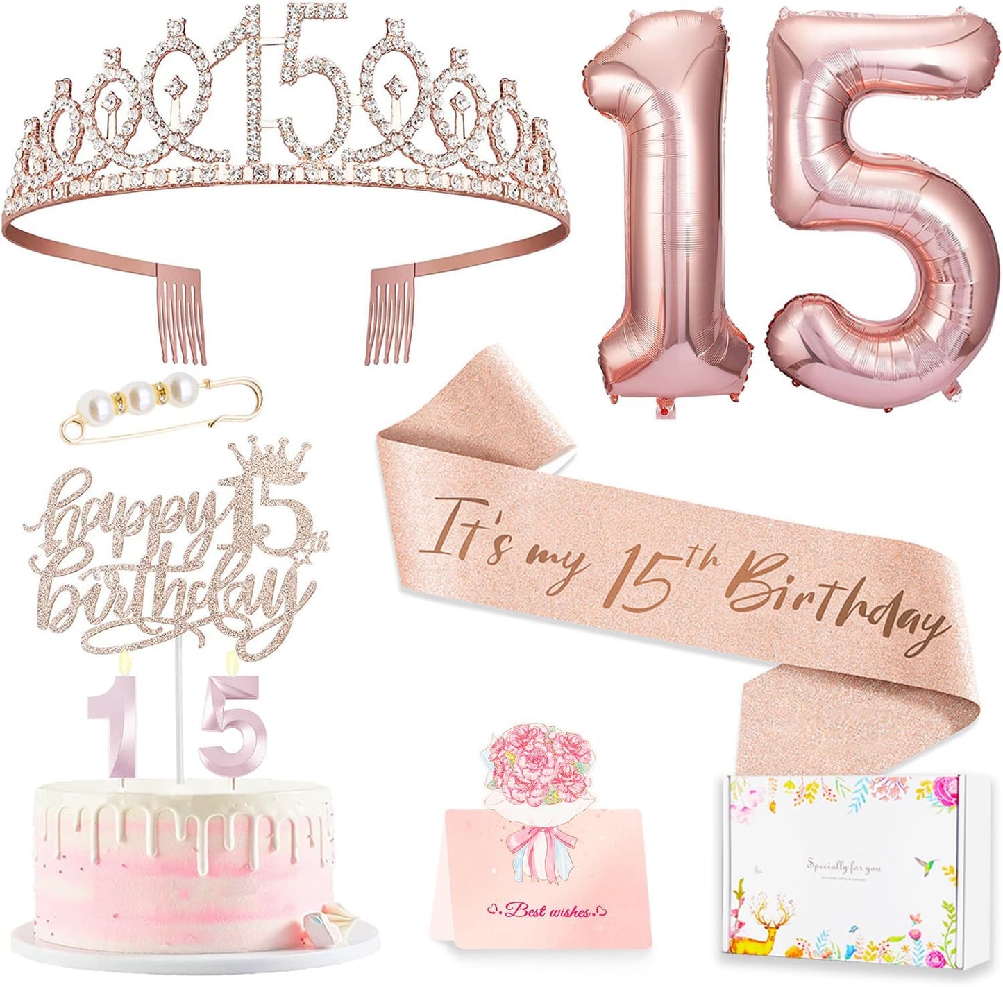 15th Birthday Decorations for Girls, 15th Birthday Sash and Crown, Cake Topper, Number Candles and Balloons, 15 Year Old Gifts for Girls