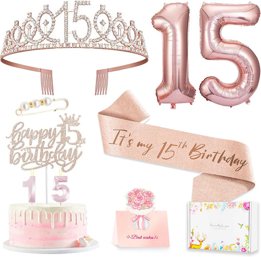 15th Birthday Decorations for Girls, 15th Birthday Sash and Crown, Cake Topper, Number Candles and Balloons, 15 Year Old Gifts for Girls