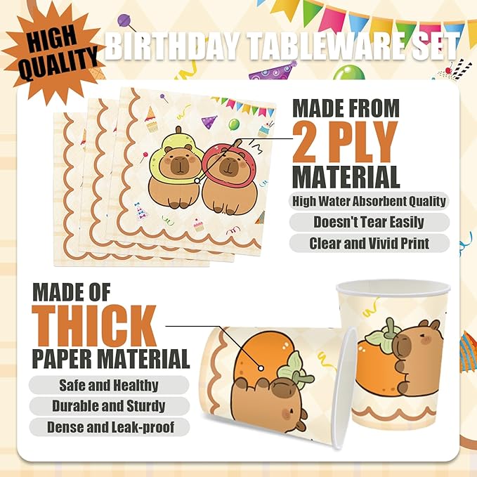 168Pcs Capybara Birthday Decorations Capybara Theme Party Plates and Napkins Cups Tableware Set Capy Animals Themed Party Supplies for Boys Girls Serves 24