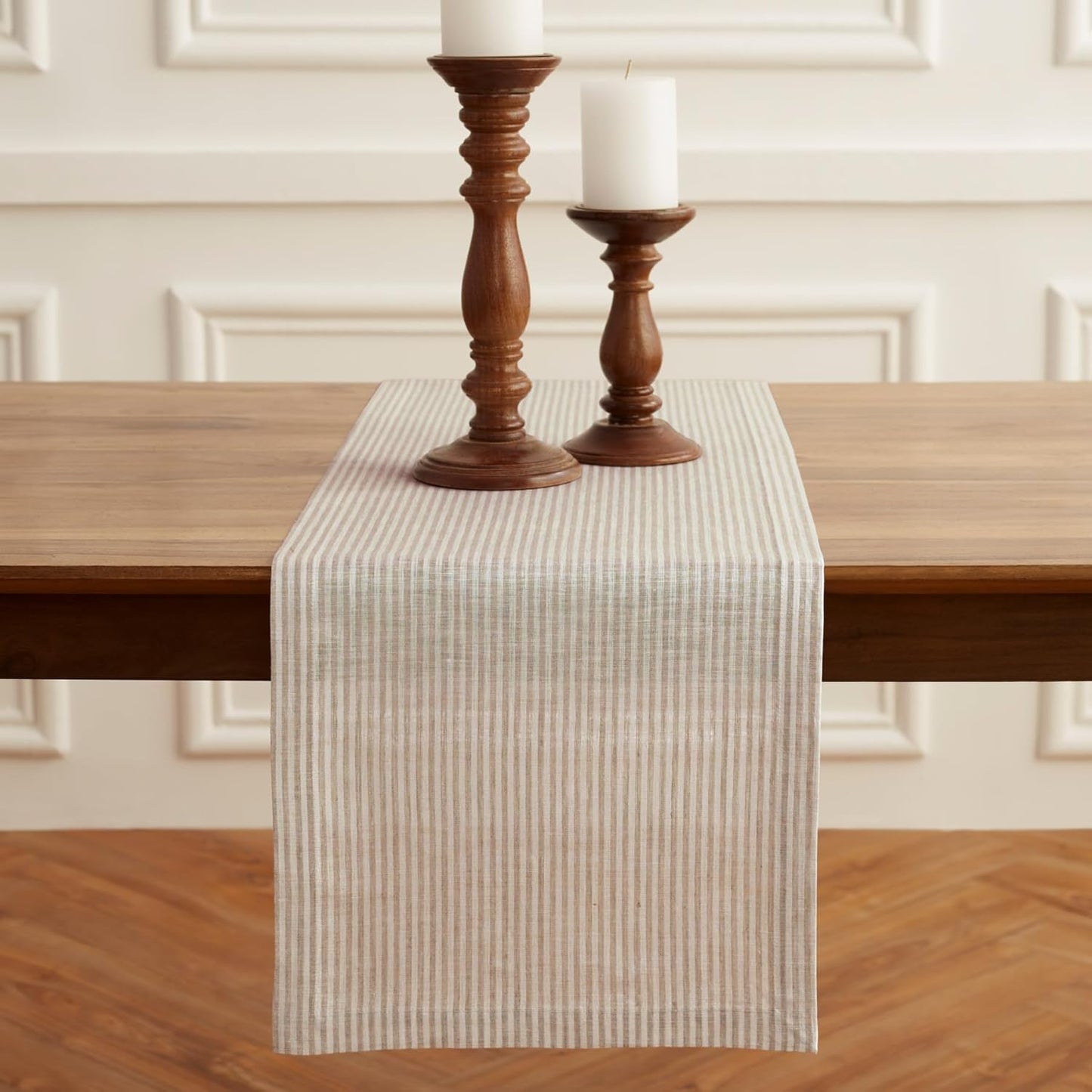 Solino Home Linen Striped Table Runner 120 Inches Long - Narrow Stripe 100% Pure Linen Natural and White Dining Table Runner 14 x 120 Inch for Fall, Autumn, Thanksgiving, Christmas