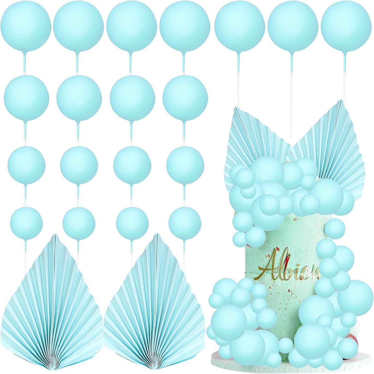 Ephlyn 28Pcs Paper Palm Fan Cake Topper Balls Cake Pick for Baby Shower Wedding Bridal Shower Birthday Anniversary Party DIY Cake Decorations Supplies Light Blue