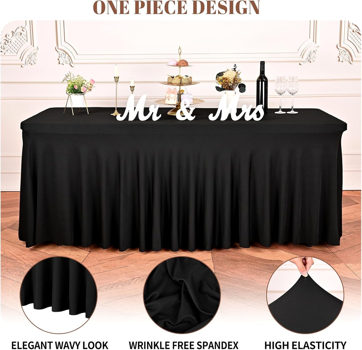 2 Packs Black Stretch Table Skirts for 6 Foot Rectangle Table, Washable Spandex Stretch Tablecloths with Skirt, Wrinkle Resistant Fitted Tablecover for Wedding Party Banquet