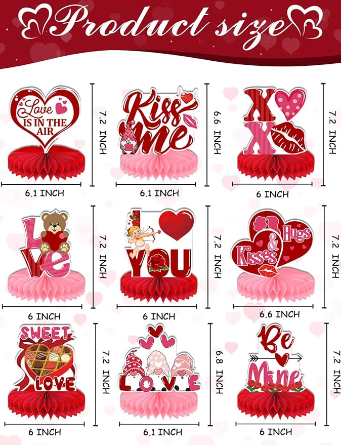 Centerpiece for Table Decorations, 9 Pcs 3D Honeycomb Certerpieces for Party Supplie(Valentines Day)