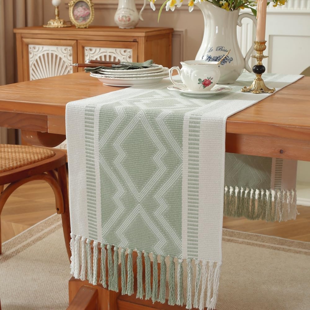 Boho Table Runner ， Natural Cotton Woven Aqua Runner，for Modern Farmhouse Decor, with Tassels for Home Dining Table Decor 14 x 90 Inch Long