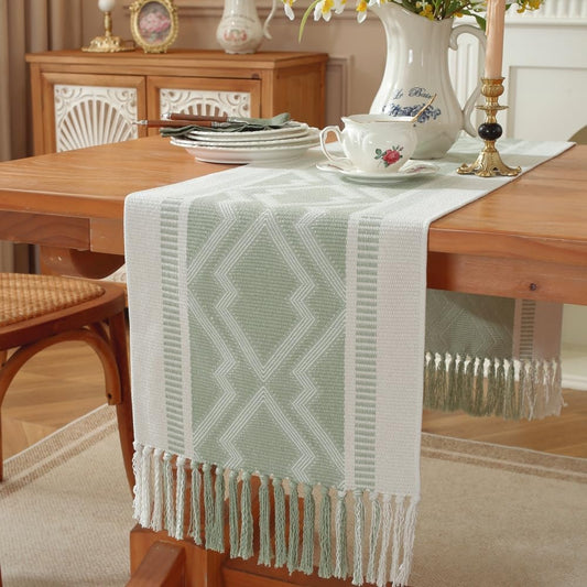 Boho Table Runner ， Natural Cotton Woven Aqua Runner，for Modern Farmhouse Decor, with Tassels for Home Dining Table Decor 14 x 72 Inch Long