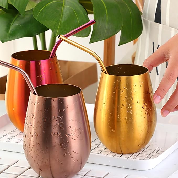 Buyer Star 304 Stainless Steel Wine Glasses Set of 2 - Large 17 oz Outdoor Stemless Wine Tumblers - 100% Unbreakable & Stemless Metal Drinking Cups for Home and Outdoors (RoseGold&Rainbow)