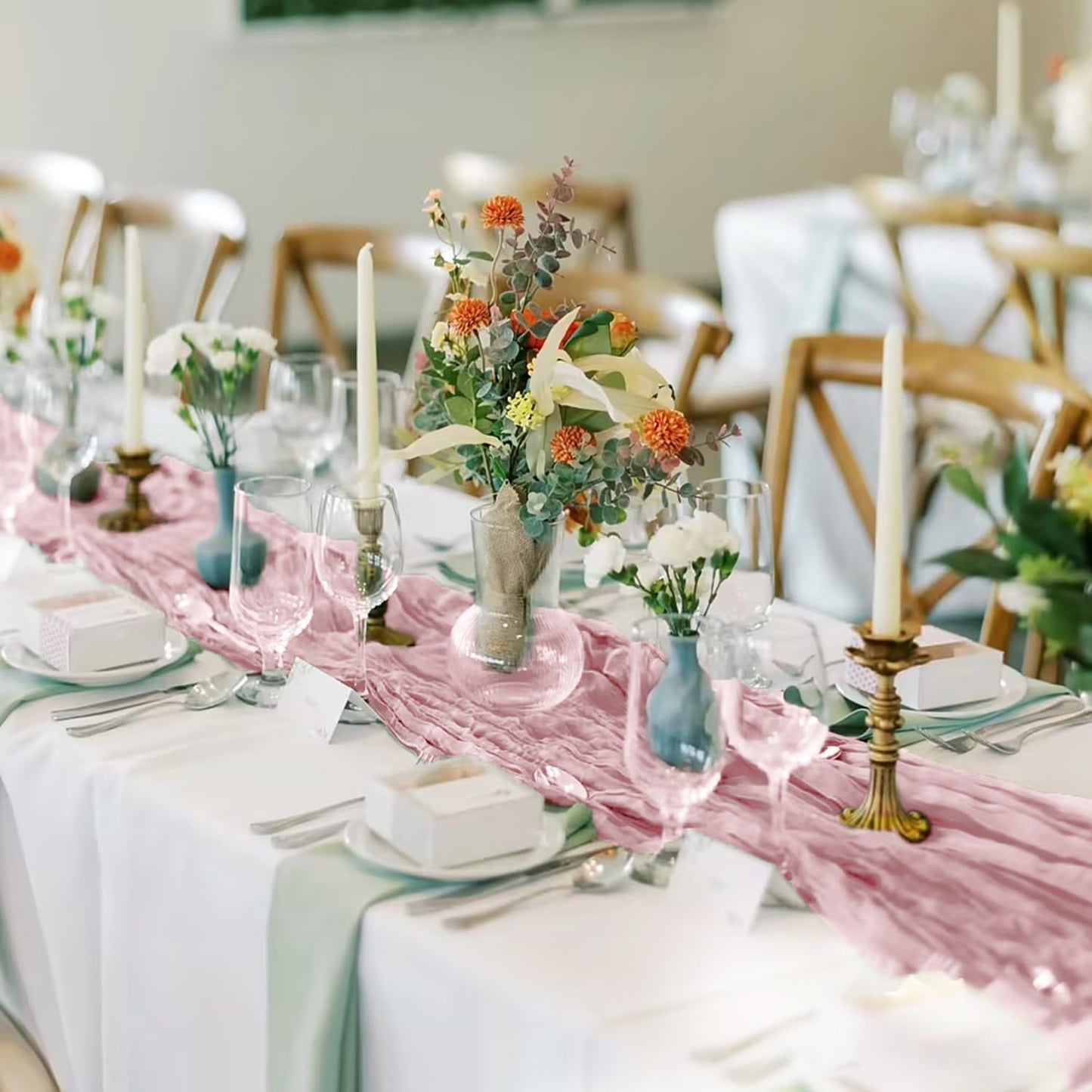 GARIG 12 Light Pink Table Runner for Summer, 10FT Boho Sheer Spring Gauze Cheesecloth Table Runner 35x120Inch for Mother's Day Wedding Party Baby Bridal Shower Birthday Home Decor