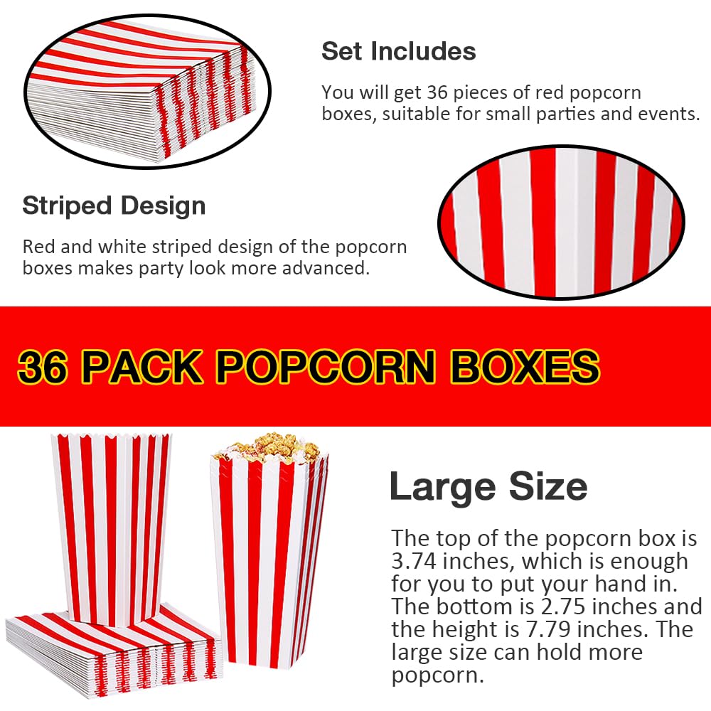 36 Pcs Large Capacity Red Paper Popcorn Boxes, Disposable Popcorn Boxes for Party, Movie Night(7.79 x 3.74inch)