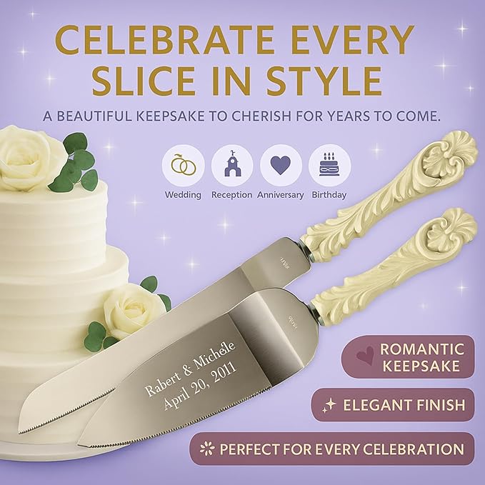 GIFTS INFINITY Personalized Wedding Cake Knife and Server Set with Engraving – Cake Cutting Utensil Set, Keepsake Gift for Wedding, Anniversary, Reception, Birthday & Other Occasions (2464)