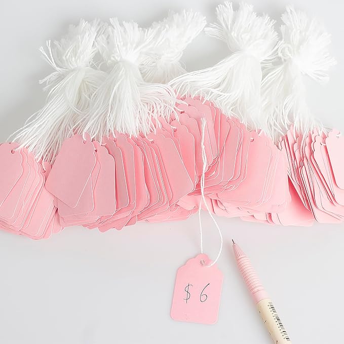500 Pack Pink Hang Tags with White Cotton Strings Attached –1.88inch x 1.18inch – Bulk Clothing Tags for Retail, Crafting, Events, and Product Branding