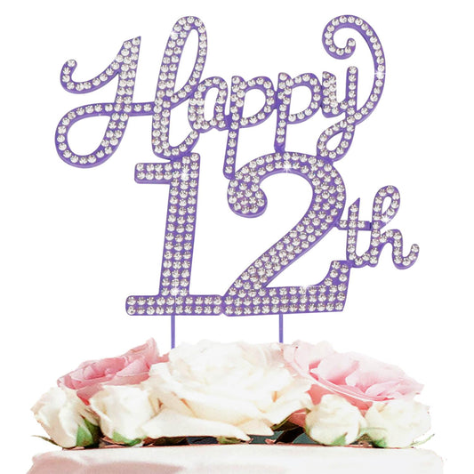Happy 12th Birthday Purple Rhinestone Cake Topper - 12th Birthday/Anniversary,Cheers to Twelve Years Old Bday Party Metal Sparkly Centerpieces Decorations.