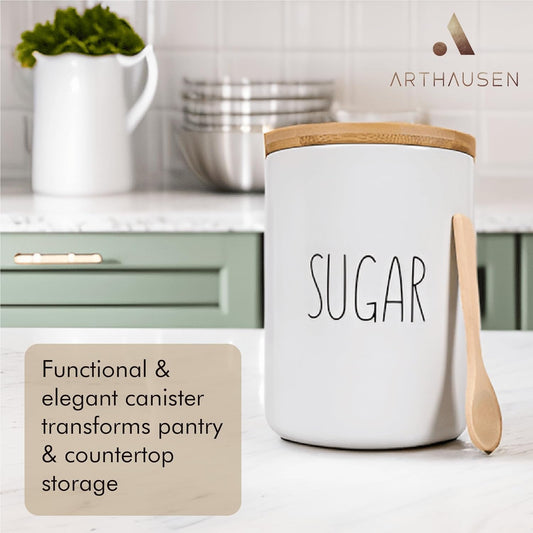 Arthausen Sugar Ceramic Storage 4 Cup / 1080mL Container w/Bamboo Lid Silicone Seal & Spoon, Modern Abstract Art Design for Flour Coffee Spice Airtight Storage on Kitchen Counter Bathroom Organizer