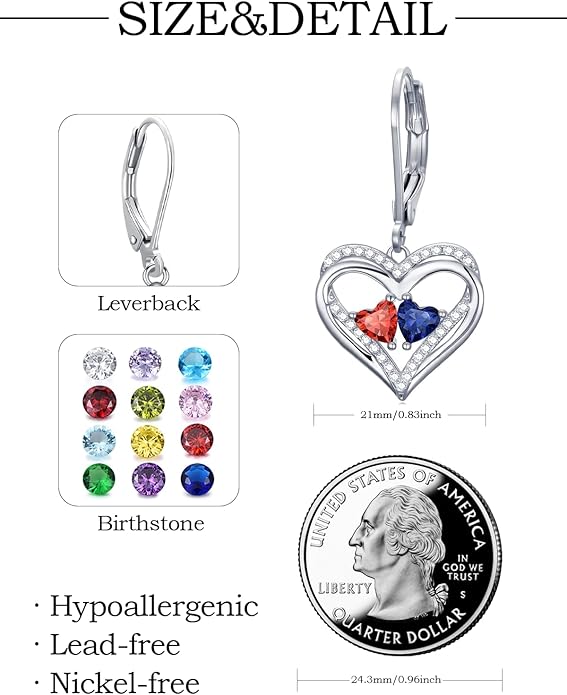 Valentines Day Gifts for Women, Heart Leverback Earrings Double Birthstone Dangle Earrings for Women, Love Jewelry for Her, Anniversary Birthday Gift for Mom Wife Girlfriend
