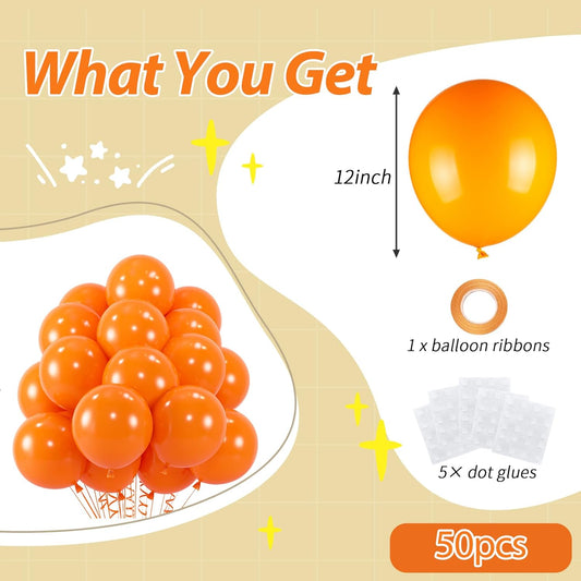 50pcs Orange Balloons, 12inch Helium Quality Orange Latex Balloon for Birthday, Halloween, Father’s Party Decorations(With Ribbon & Glue)