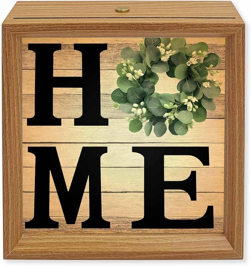 Wood Night Light Box 4.5x4.5in,Home Green Eucalyptus Wreath Table Lights Wooden Picture Frame with USB Rechargeable Touch LED Lights for Home Decor Desktop Display,Farm Vintage Wood Board