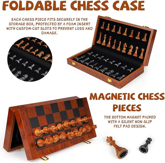 Magnetic Chess Set for Adults and Kids 15'' Chess Board with Acrylic Chess Pieces, Folding Portable Travel Unique Chess Sets Game for Tournament Professional Beginner