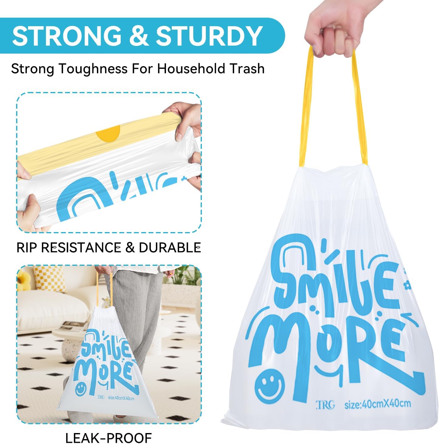 3 Gallon Trash Bags, 120 Count White Alphabet Printed Small Drawstring Garbage Bags Unscented for Toilet Home Office and Bedroom