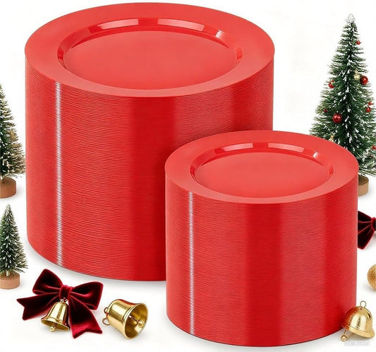 FLOWERCAT 200PCS Red Plastic Plates Disposable Plates for Party - Heavy Duty Plastic Plates - 10" &7" Plate for 100 Guests New Year Parties and Events &Christmas