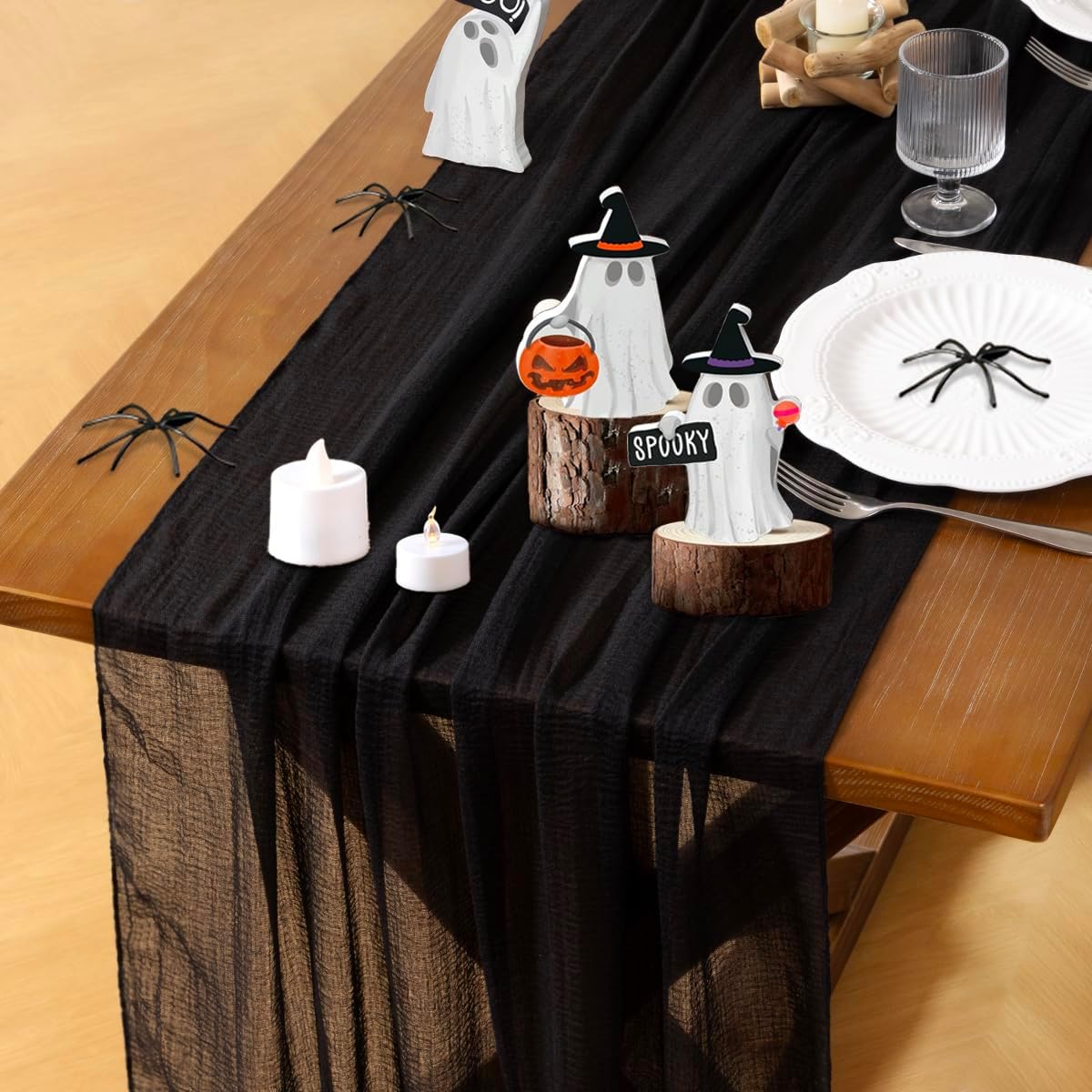 Socomi 6pcs Black Cheesecloth Table Runner Fall Thanksgiving Gauze 120 Inch Rustic Boho Cheese Cloth Runner for Wedding Party Baby Bridal Shower Centerpiece Decoration Holiday Home Decorations