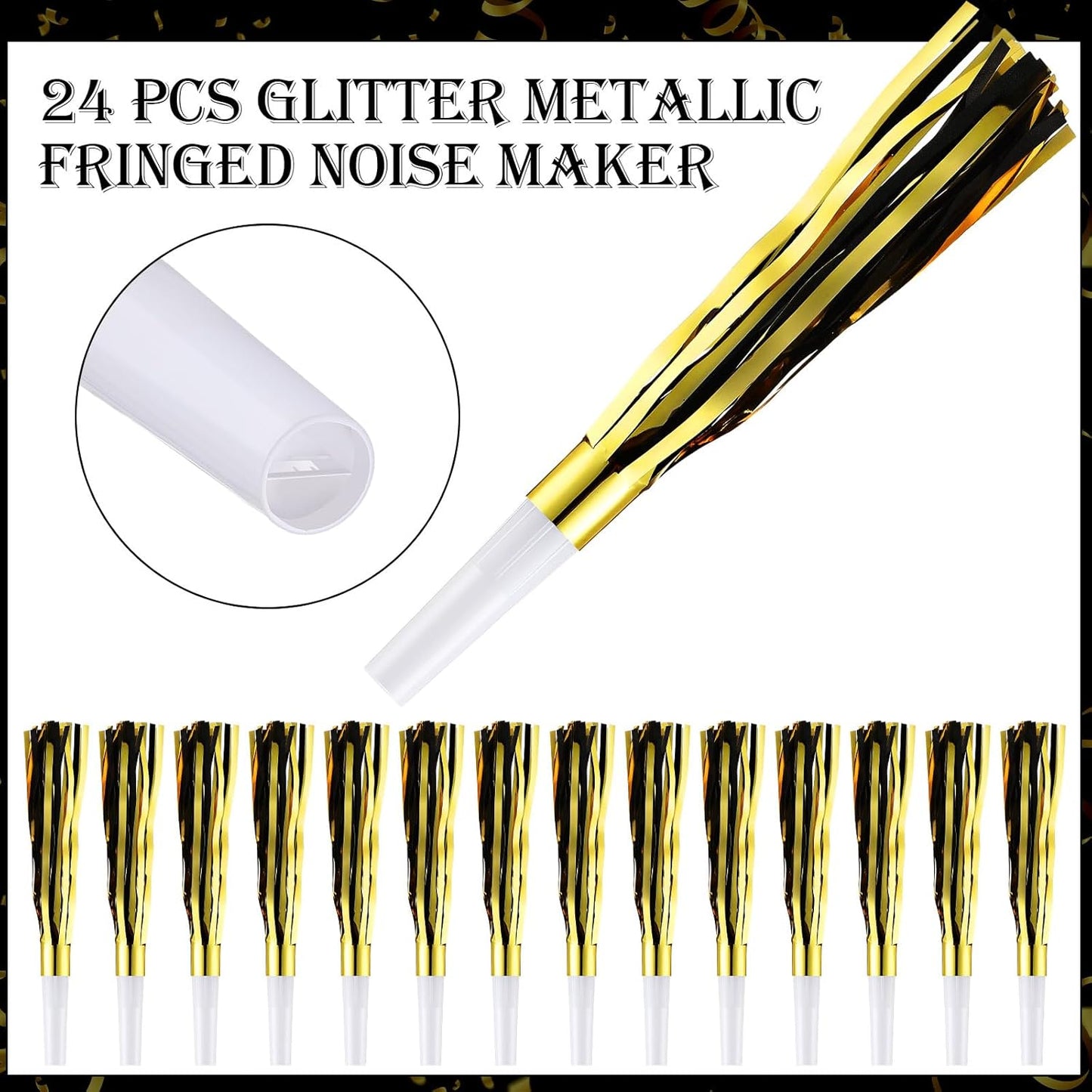 Poen 48 Pcs New Years 2026 Eve Party Supplies Included 24 Plastic Glitter Hats 24 Metallic Fringed Noise Makers for Happy New Year Decorations