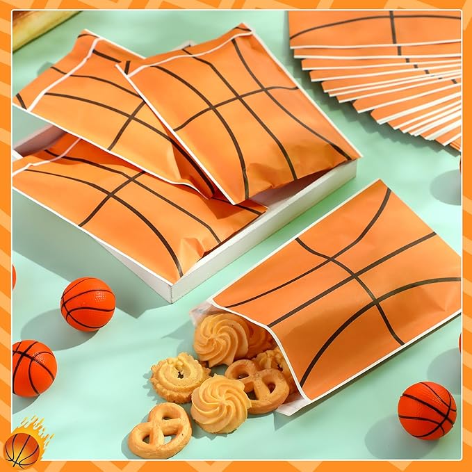 Tinlade 100 Pcs Basketball Kraft Treat Bags with Self Adhesive Basketball Theme Goodie Bags Paper Sport Candy Gift Pouches Bulk for Sport Ball Birthday Party Favor Supplies, 5x7 Inch