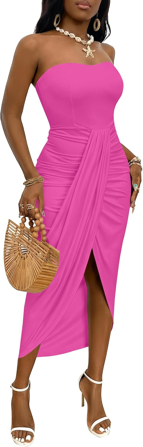 Umenlele Women's Strapless Ruched High Waist Wrap Split Asymmetrical Beach Maxi Long Dress
