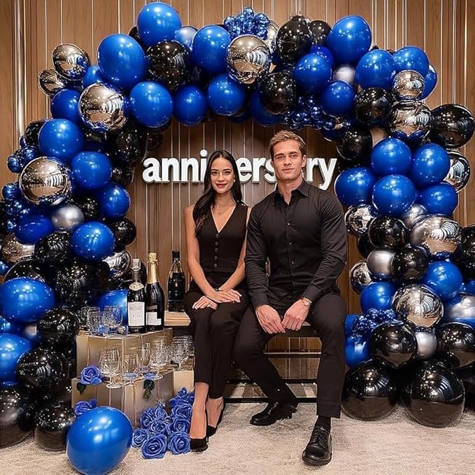 Black Blue Balloon Garland, Double Stuffed Navy Royal Blue Black Metallic Silver Foil Balloon Arch Kit for Birthday Graduation Baby Shower Wedding Anniversary Party Decorations