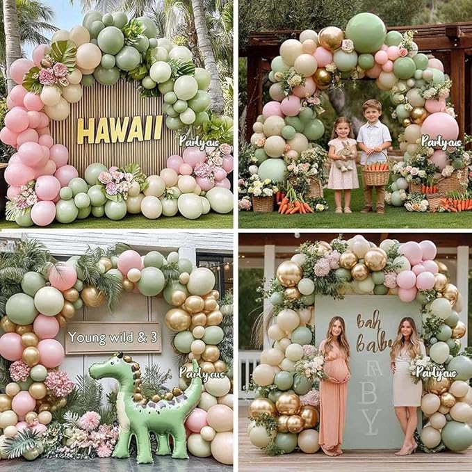 Dusty Green Pink Balloon Arch Double Stuffed, Sage Mint Green Baby Pink White Sand Cream Gold Pastel Balloon Garland Kit for Baby in Bloom Birthday Wedding Easter Dinosaur Valentines Party