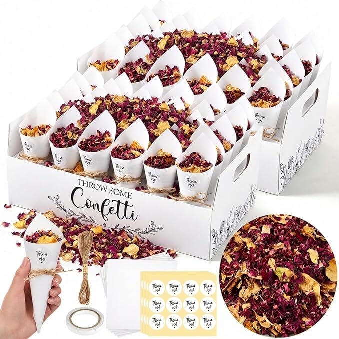 Wedding Confetti Cones Sets with 300g (10.58 Oz) Biodegradable Dried Flowers White Petal - 60 Paper Cones, Tray & Stickers for Bridal Shower, Engagement Party, Baby Shower (60 Guests)