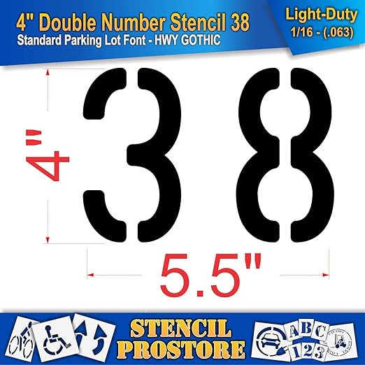 Pavement, Curb, and WheelStop Stencils - 4 inch Double Number Stencil - (38) - 4" x 5.5" x 1/16" (63 mil) - Light-Duty