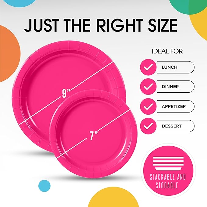 Exquisite Hot Pink Paper Plates Disposable Heavy Duty 100 Pcs - 50-7" & 50-9" Hot Pink Disposable Plates For Party Heavy Duty Paper Plate 350 GSM Birthday Party Supplies Plate Set