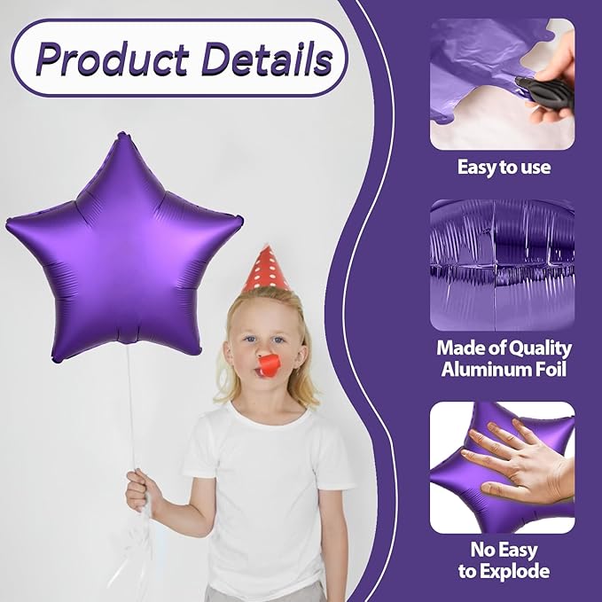 Purple Star Foil Balloons, 10PCS Purple Foil Stars Shape Balloons, 18 Inch Metallic Stars Aluminum Balloon Helium Pentagram Balloon for Birthday, Anniversary, Graduation, Halloween Party Decoration