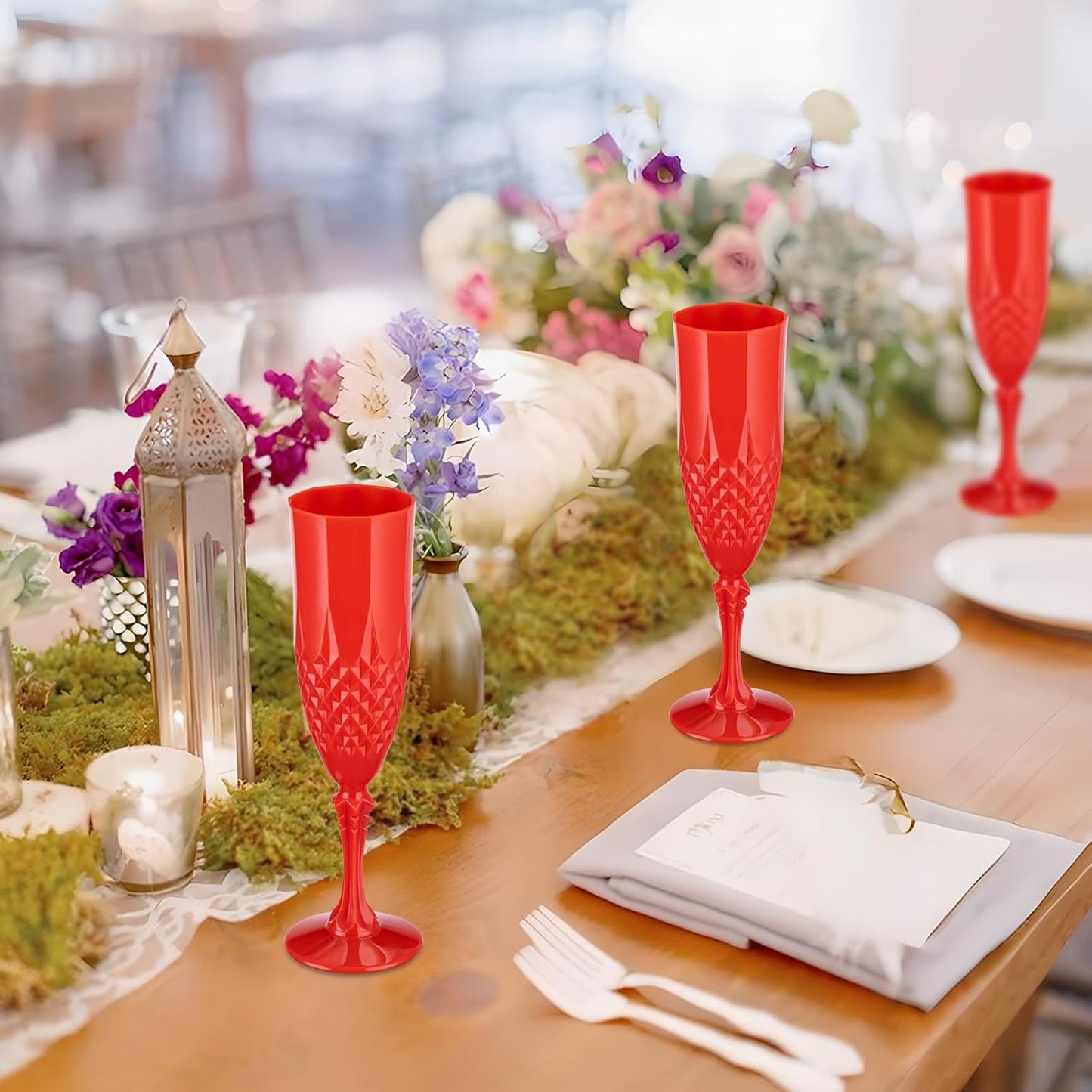 7.1OZ Plastic Champagne Flutes,24PCS Red Acrylic Wine Glasses Goblets Shatterproof Mimosa Bar Reusable Vintage Champagne Flutes Stemmed Drinking Cups for Weddings Bachelor Parties, Toasting,Christmas