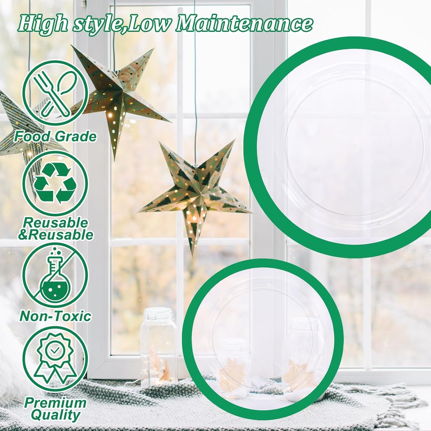 U-QE 120PCS Christmas Plates Disposable - Green Plastic Plates Disposable Heavy Duty- Holiday Plate Include 60 10” Dinner and 60 7” Dessert Platos, Perfect for Christmas, Party, Wedding