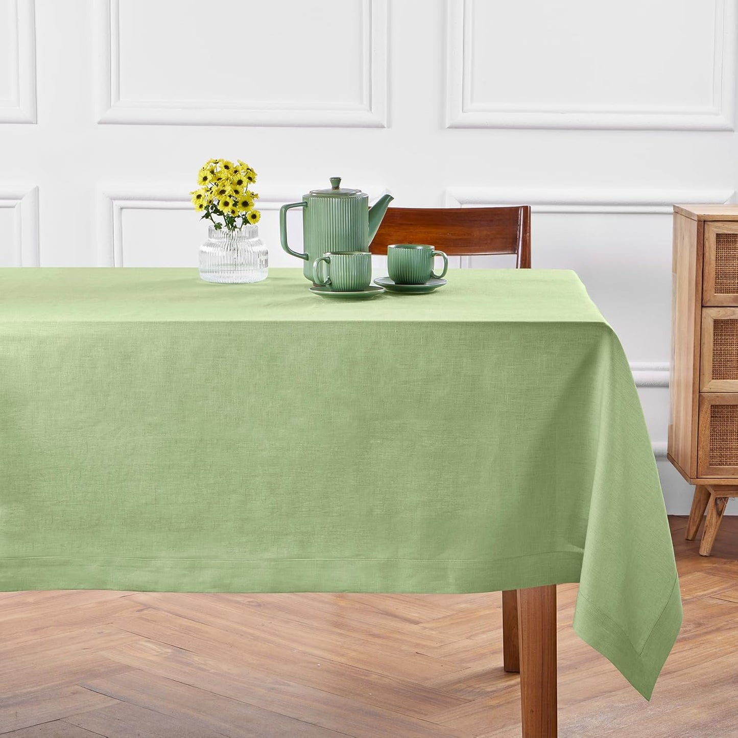 Solino Home Linen Tablecloth 60 x 120 Inch - 100% Pure Linen Laurel Green Table Cloth for Rectangle Tables - Fete, Machine Washable Tablecloth for Fall, Autumn, Thanksgiving