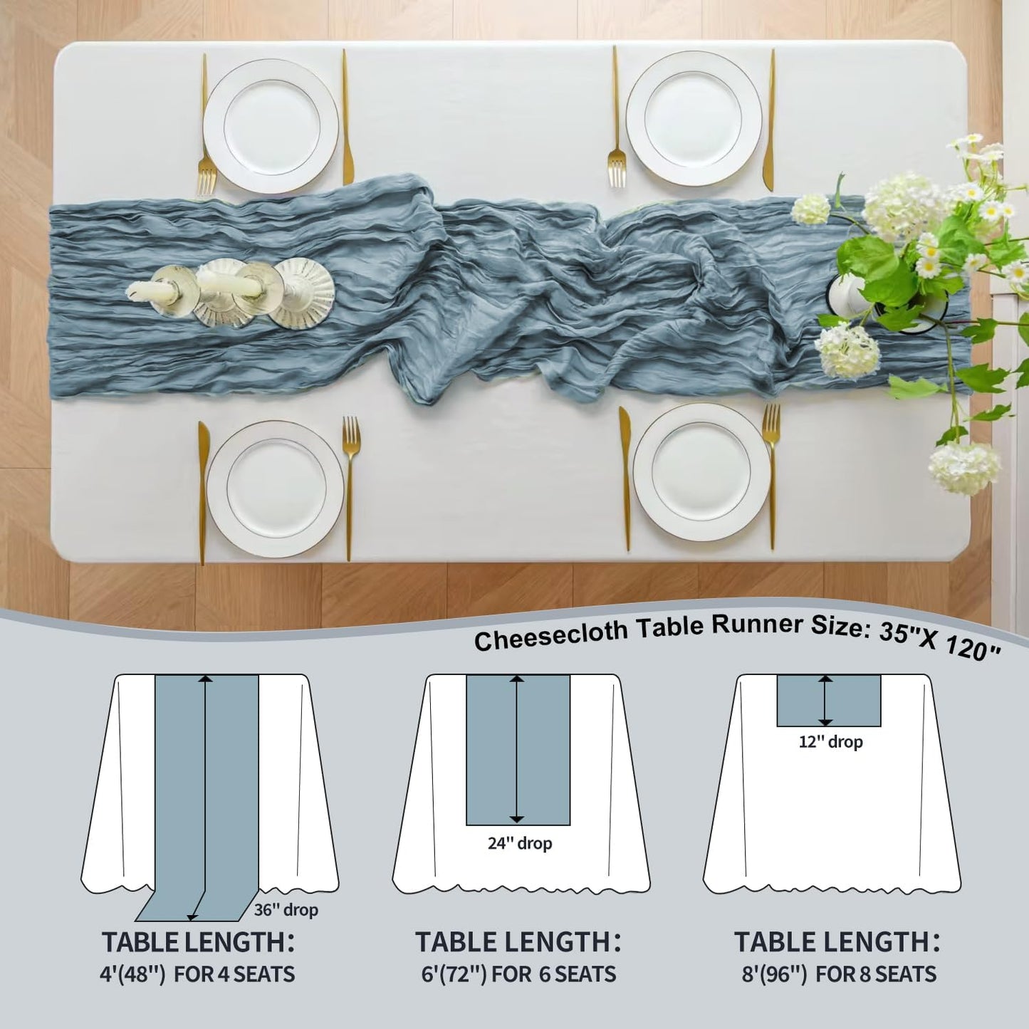 GARIG 6 Dusty Blue Table Runner for Summer, 10FT Boho Sheer Spring Gauze Cheesecloth Table Runner 35x120Inch for Mother's Day Wedding Party Baby Bridal Shower Birthday Home Decor