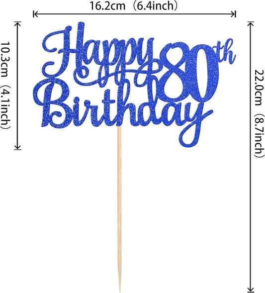 1 PCS Happy 80th Birthday Cake Topper Glitter Cheers to 80 Years Birthday Cake Pick Eighty 80 Fabulous Cake Decoration for Happy 80th Birthday Theme Party Decorations Supplies Blue