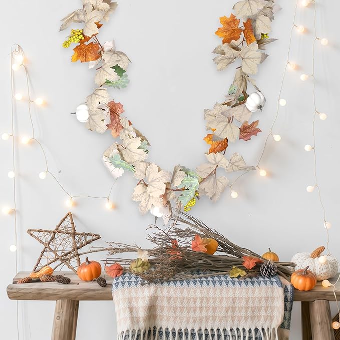 Fall Garland with Pumpkins and Berries – 6ft Artificial Maple Leaf Garland with Cream and Orange Leaves for Thanksgiving, Fireplace, Front Door, Farmhouse Autumn Decorations