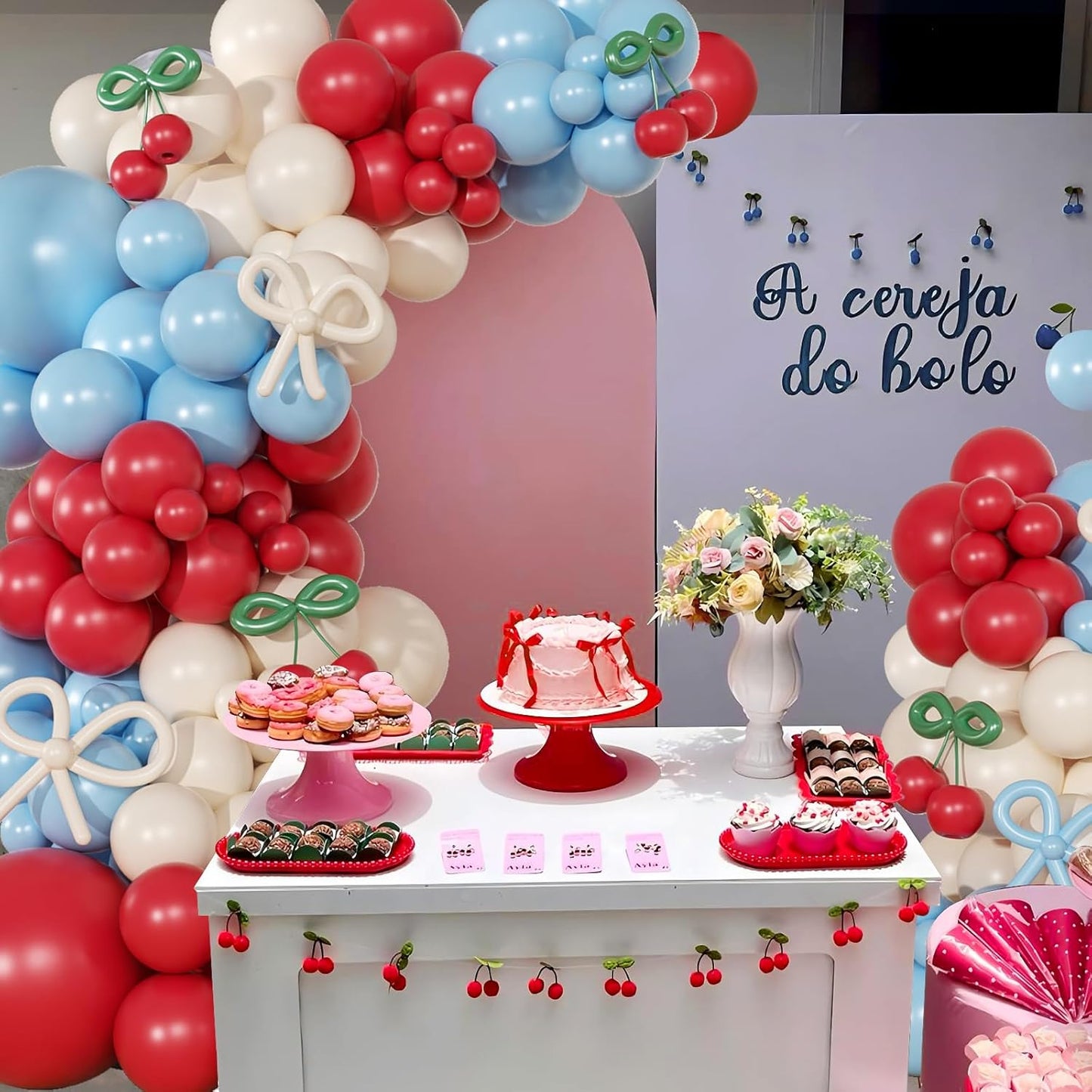 CROSSFINGERS Cherry Red and Blue Balloon Garland Arch Kit,150pcs Bow Light Blue Red White Balloons Arch Kit for Cherry Themed Birthday Baby Shower Wedding Galentine's Bridal Shower Party Decorations