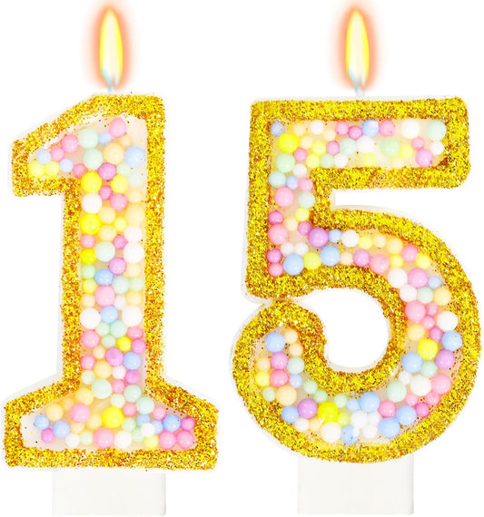 15th Birthday Candle for Cake, Colorful Macaron Numeral Candles for Girls/Boys, Birthday Party Cake Decorations, Golden Cake Topper for Birthday Party Supplies (Number 15)