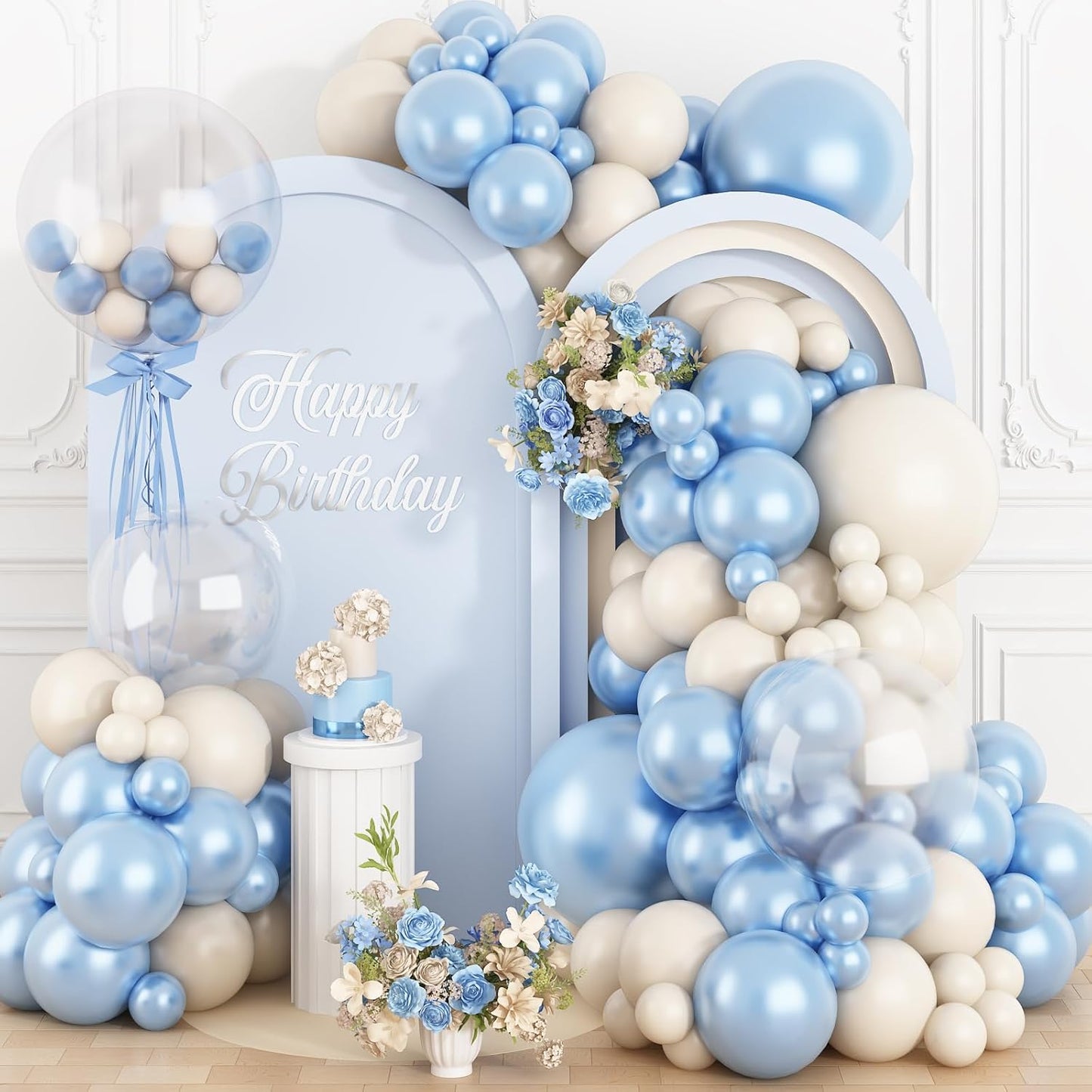 Pearl Blue White Balloon Arch Kit, Double Stuffed Light Blue Sand White Balloon Garland Different Sizes 18/12/10/5 Inch Pearl Balloons for Baby Shower Birthday Wedding Bridal Shower Party Decor