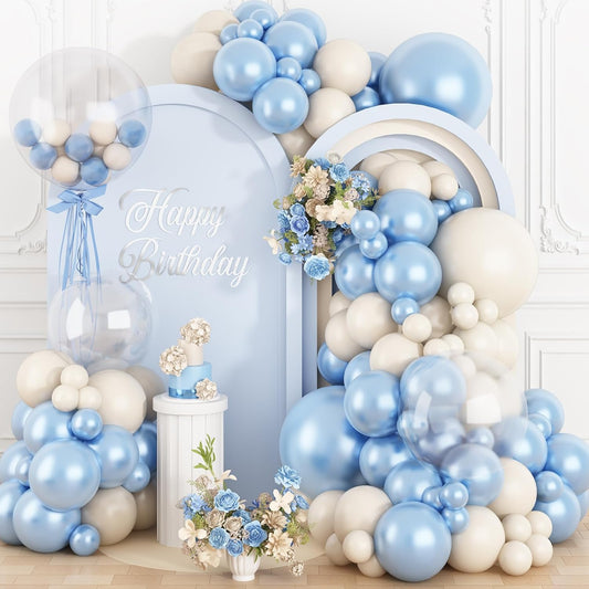 Pearl Blue White Balloon Arch Kit, Double Stuffed Light Blue Sand White Balloon Garland Different Sizes 18/12/10/5 Inch Pearl Balloons for Baby Shower Birthday Wedding Bridal Shower Party Decor
